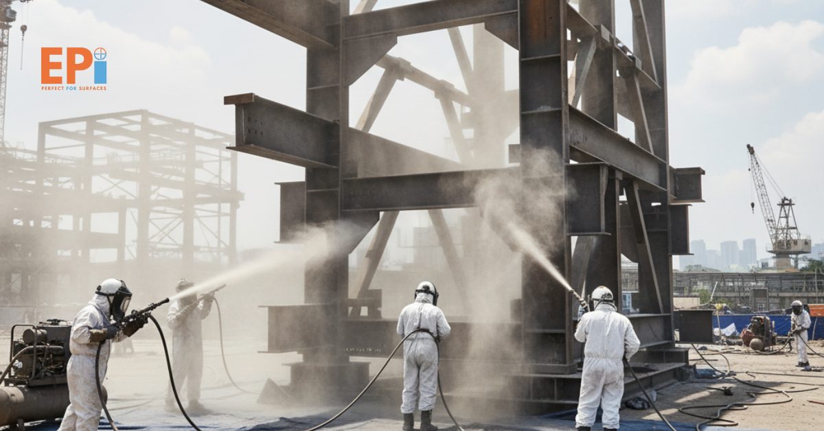 Proses sandblasting struktur baja sebelum pengecatan untuk memastikan daya rekat cat maksimal di Jakarta Utara.