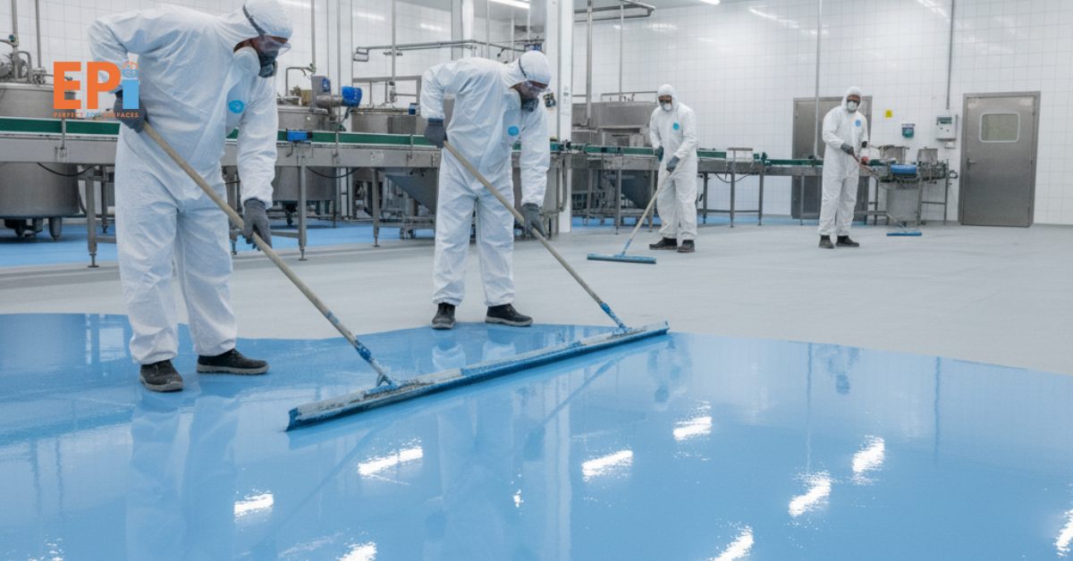 Proses pengecatan lantai epoxy pabrik makanan menggunakan alat aplikator profesional untuk hasil higienis dan tahan lama.