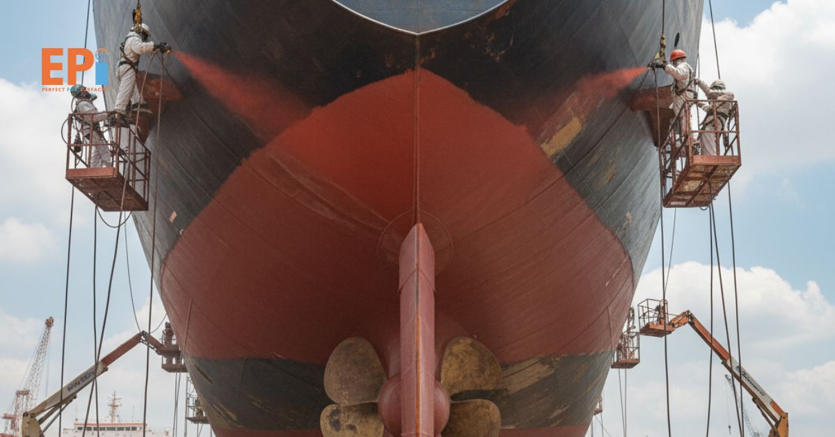 Proses pengecatan bagian bawah kapal laut dengan cat anti-fouling untuk mencegah pertumbuhan lumut dan organisme laut.