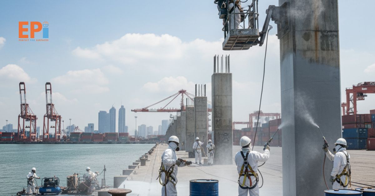 Tim aplikator coating dermaga anti karat sedang mengaplikasikan protective coating di area pelabuhan Jakarta Pusat.