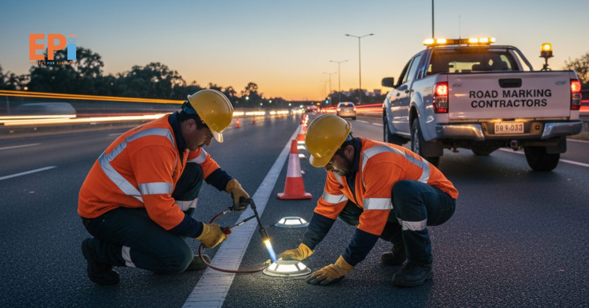 Pemasangan road stud reflektif di jalan utama oleh kontraktor marka jalan.