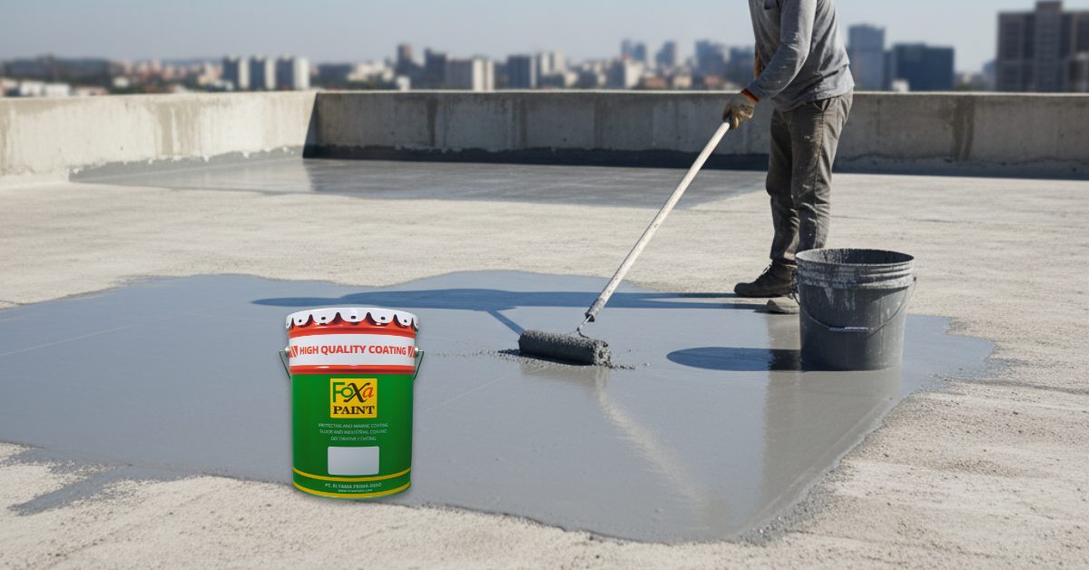 Pekerja sedang mengaplikasikan waterproofing coating berwarna abu-abu pada permukaan dak beton untuk mencegah kebocoran.