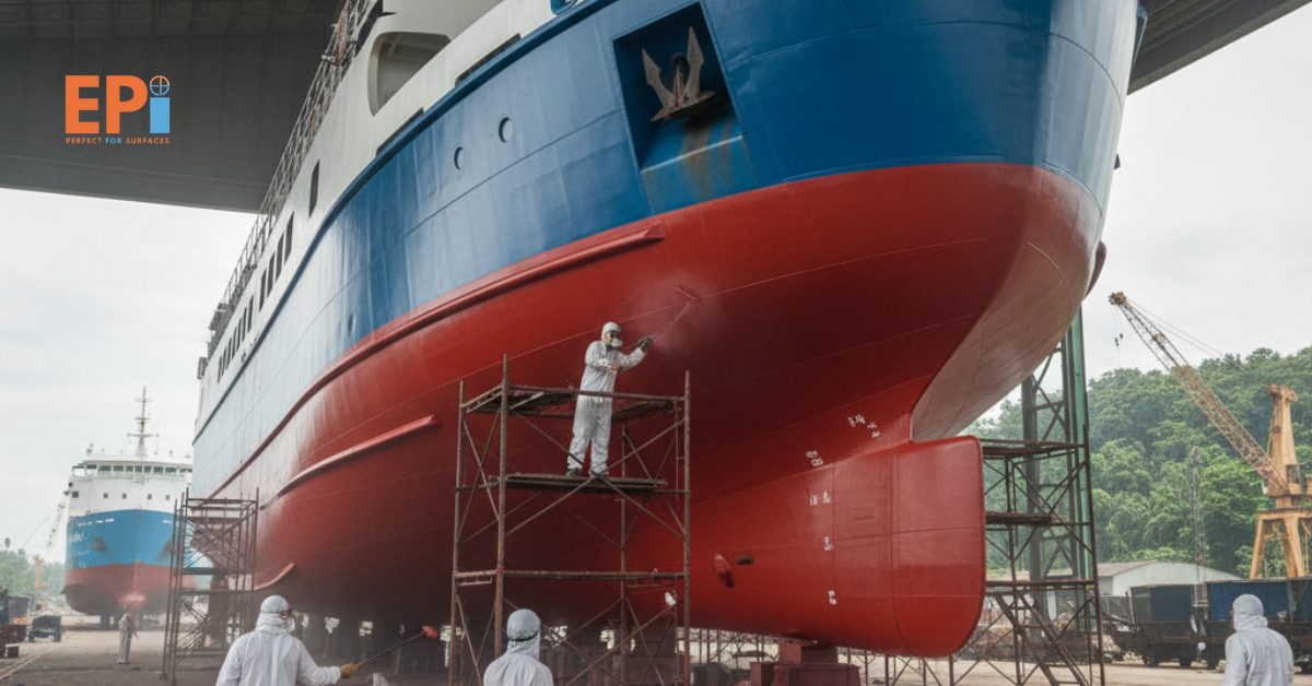Proses coating kapal feri di Kalimantan Selatan menggunakan cat anti-fouling berkualitas tinggi.