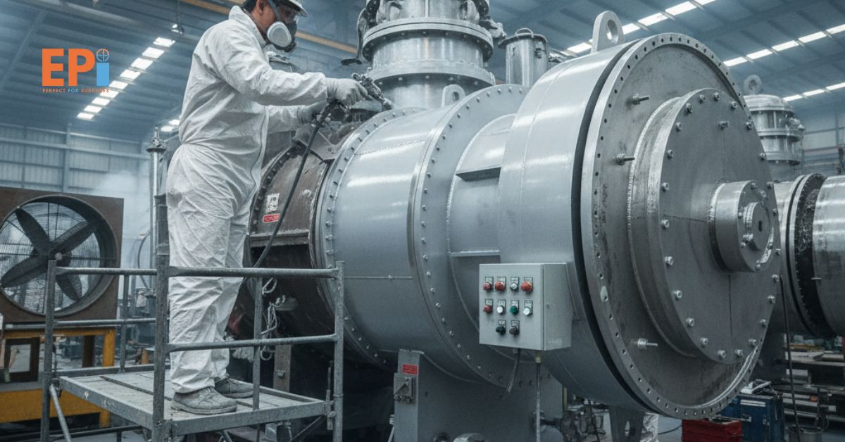 Teknisi mengecat mesin industri dengan epoxy heat resistant coating di Bekasi Barat.