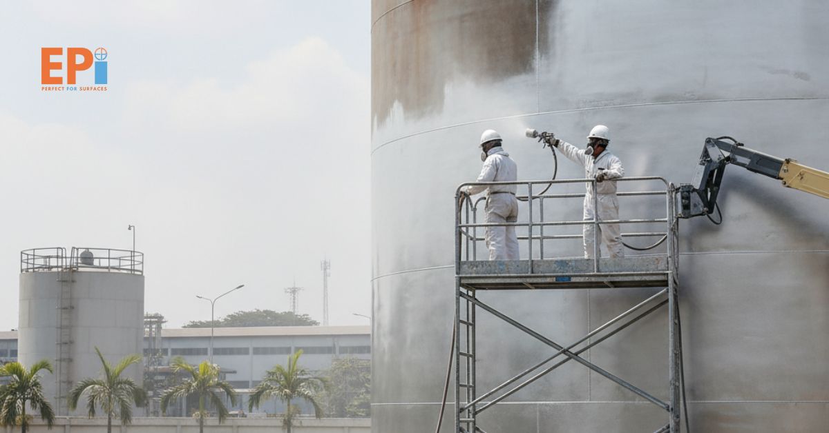 Proses pengecatan tangki industri menggunakan cat tahan panas di Cimanggis, Depok.