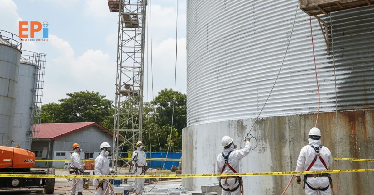 Pekerjaan pengecatan silo pabrik di Bogor oleh kontraktor profesional dengan standar keamanan tinggi