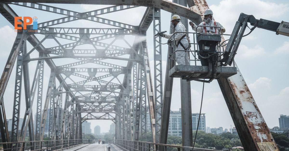 Aplikator protective coating jembatan baja di Jakarta sedang melakukan pelapisan antikarat