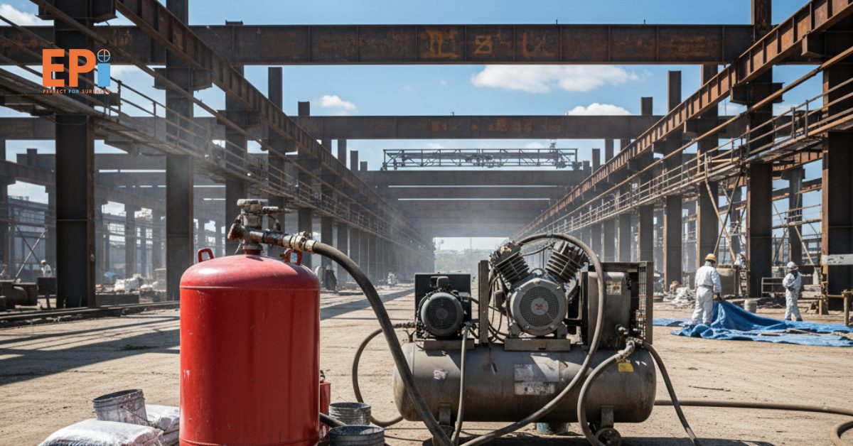 Unit blast pot dan compressor siap digunakan untuk pekerjaan industri.