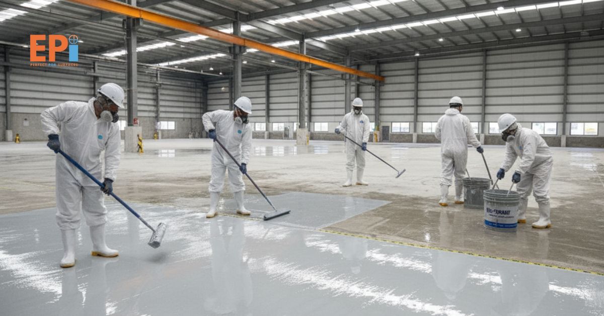Aplikator wet coating profesional di Jakarta Timur – proses pelapisan area basah dengan epoxy tahan air.