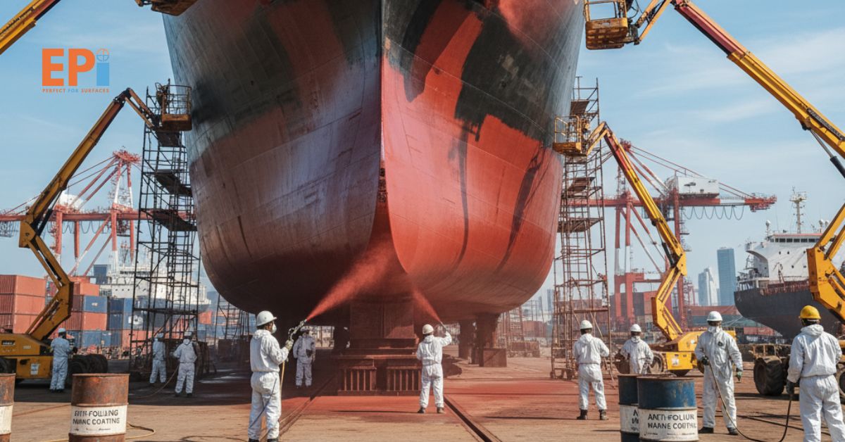 Pelapisan kapal laut anti-fouling di galangan kapal Jakarta Utara.