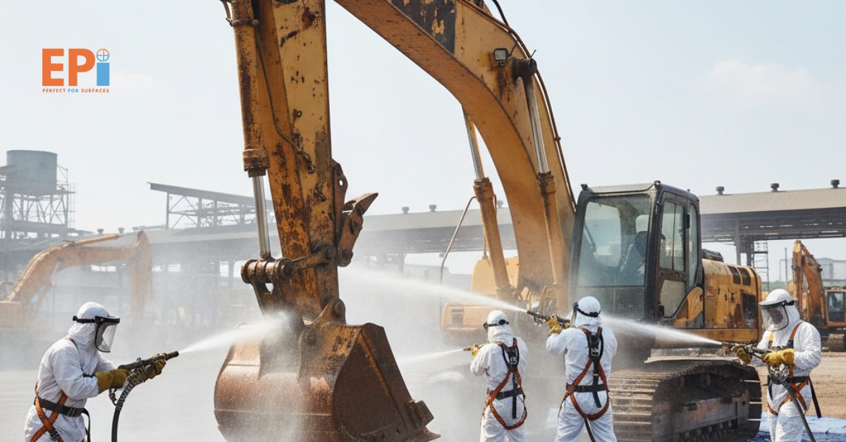 Pembersihan karat pada alat berat menggunakan wet abrasive blasting di Bekasi