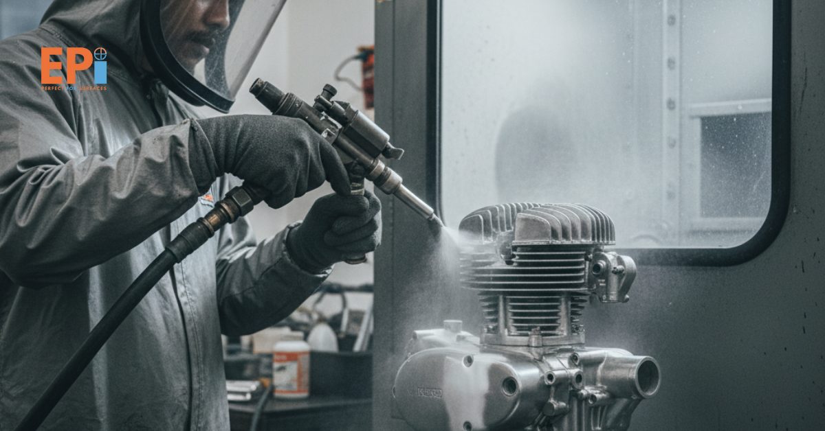 Restorasi part motor klasik menggunakan vapor blasting di Depok.