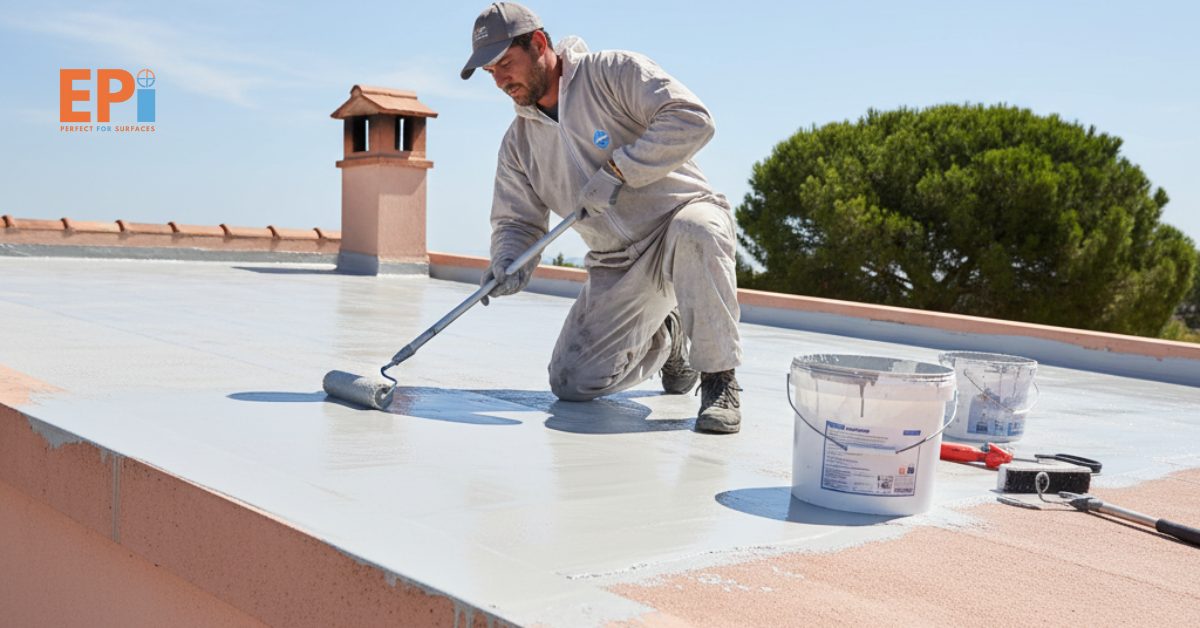 Pekerja mengaplikasikan waterproofing atap rumah dengan coating acrylic elastis.