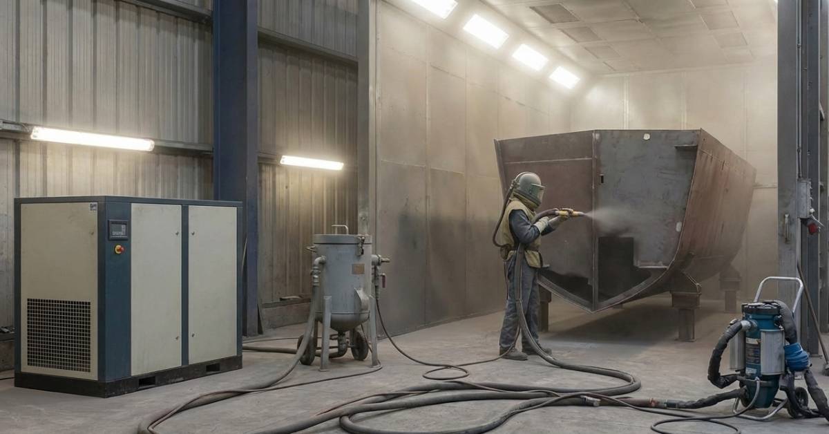 Pekerjaan sandblasting industrial blasting oleh tim Eltama Prima Indo di workshop