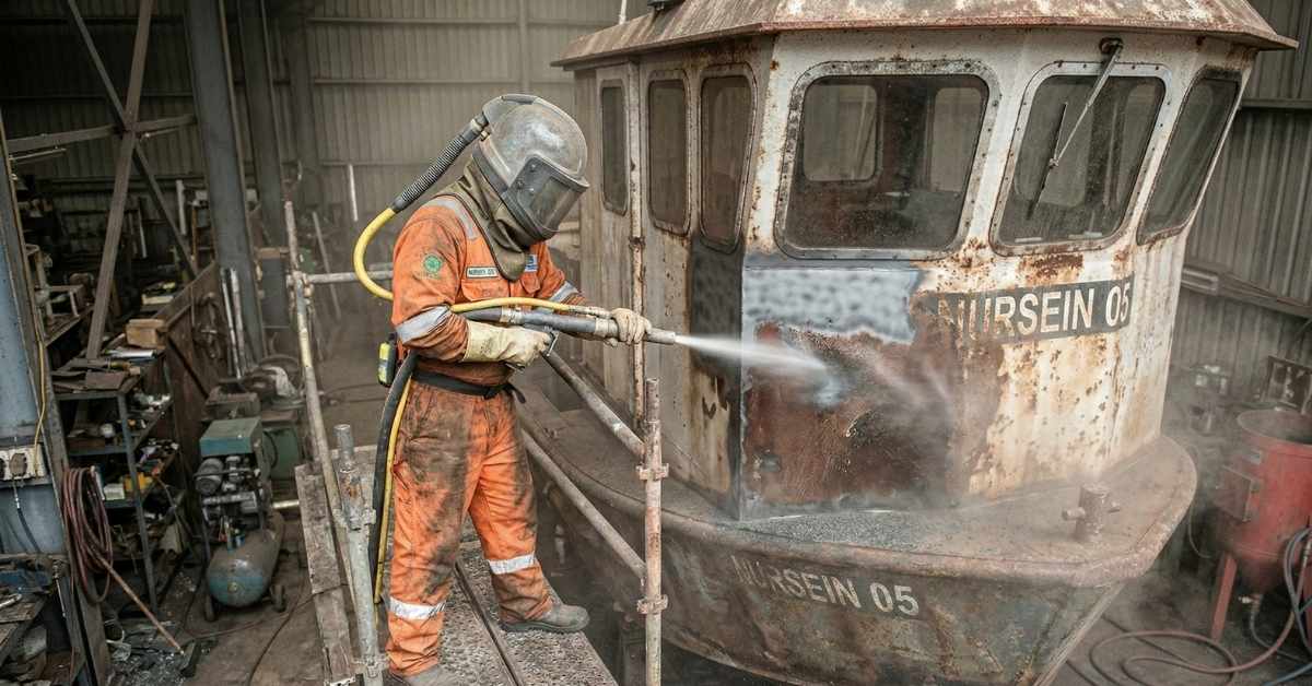 Jasa sandblasting kapal untuk membersihkan karat tebal pada kabin dan lambung kapal baja sebelum pengecatan ulang