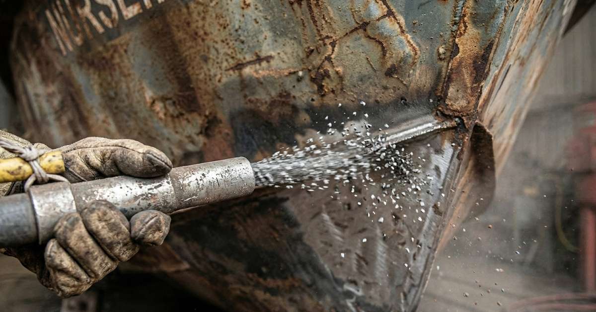 Proses jasa sandblasting kapal Depok menggunakan tekanan tinggi untuk membersihkan karat dan cat lama pada lambung kapal baja