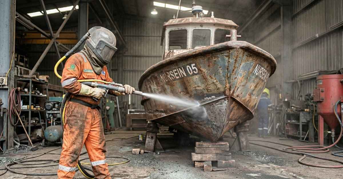 Pembersihan permukaan kapal baja dengan metode sandblast di Karawang